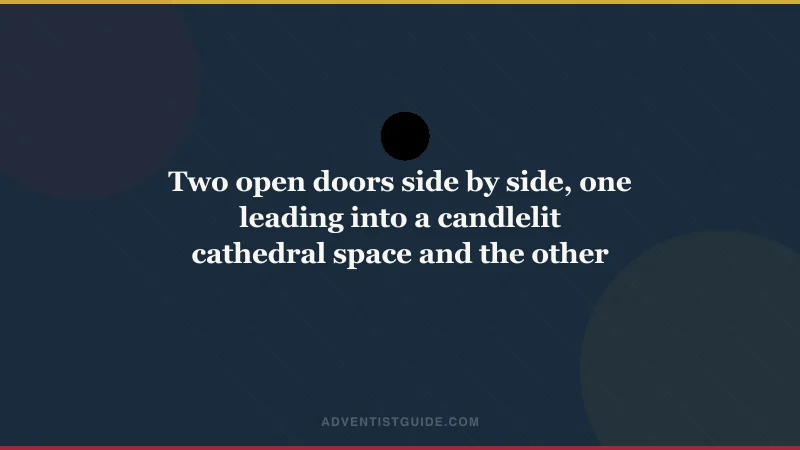 Two open doors side by side, one leading into a candlelit cathedral space and the other into a bright, simple church sanctuary