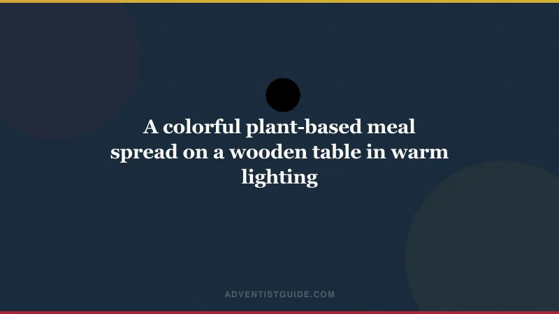 A colorful plant-based meal spread on a wooden table in warm lighting