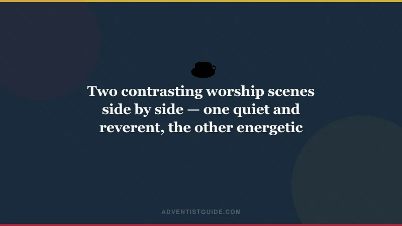 Two contrasting worship scenes side by side — one quiet and reverent, the other energetic and expressive