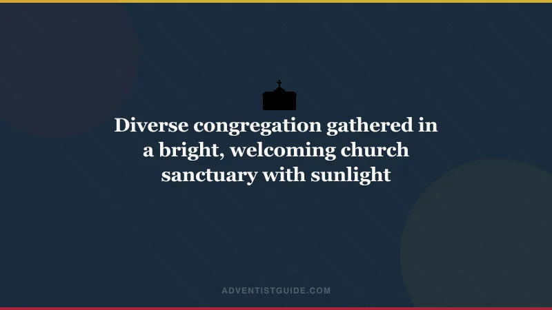 Diverse congregation gathered in a bright, welcoming church sanctuary with sunlight streaming through windows