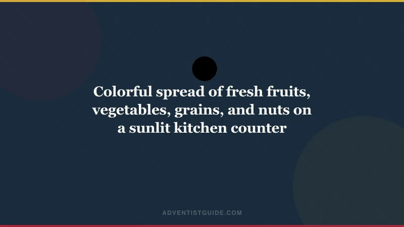 Colorful spread of fresh fruits, vegetables, grains, and nuts on a sunlit kitchen counter