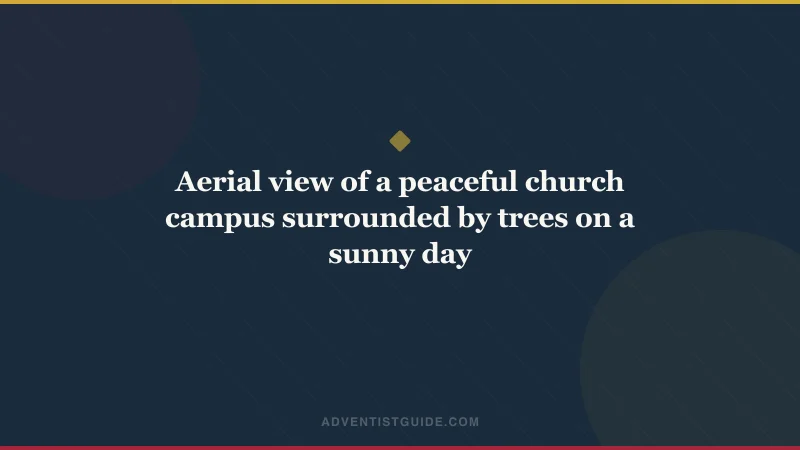 Aerial view of a peaceful church campus surrounded by trees on a sunny day