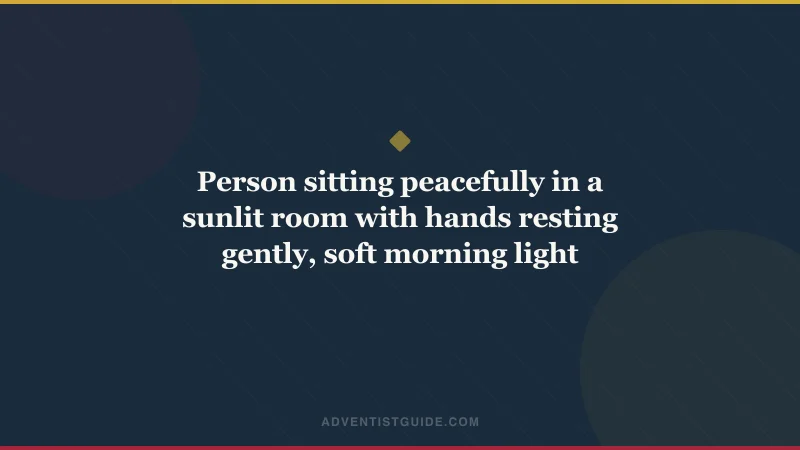 Person sitting peacefully in a sunlit room with hands resting gently, soft morning light