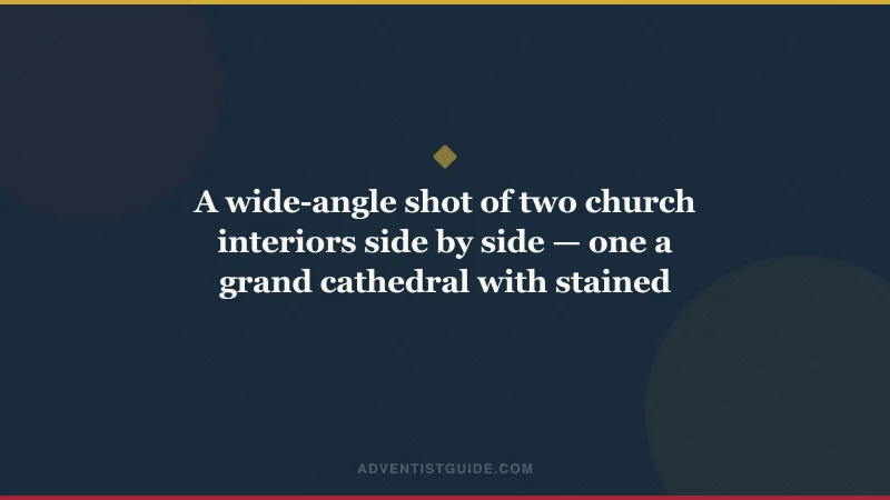 A wide-angle shot of two church interiors side by side — one a grand cathedral with stained glass, the other a simple, sunlit Adventist chapel — both filled with worshippers