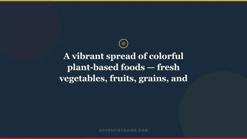 A vibrant spread of colorful plant-based foods — fresh vegetables, fruits, grains, and nuts — on a rustic wooden table in warm natural light