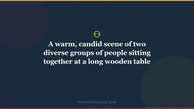 A warm, candid scene of two diverse groups of people sitting together at a long wooden table sharing a meal, soft golden hour lighting
