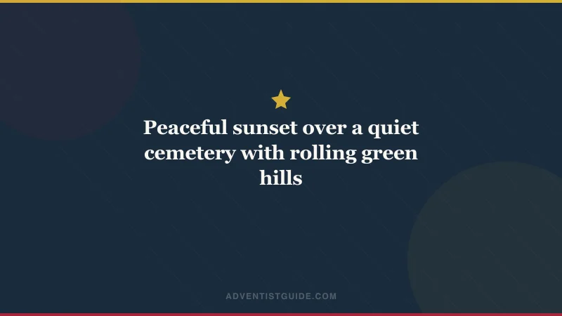 Peaceful sunset over a quiet cemetery with rolling green hills