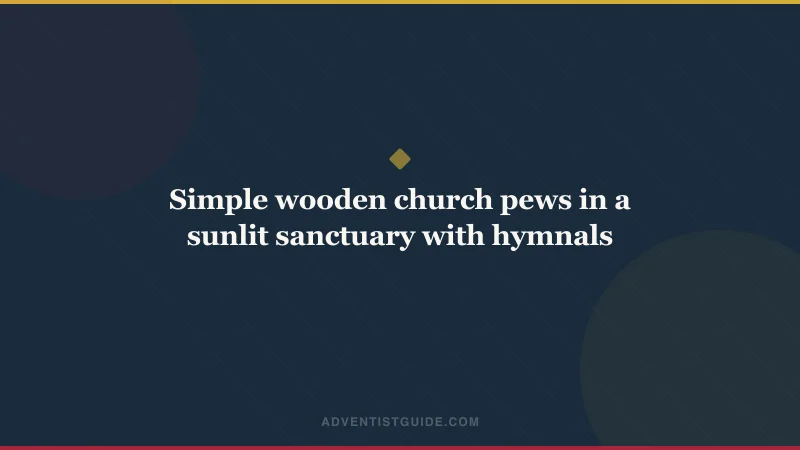 Simple wooden church pews in a sunlit sanctuary with hymnals