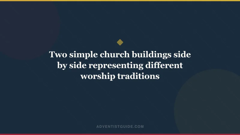 Two simple church buildings side by side representing different worship traditions