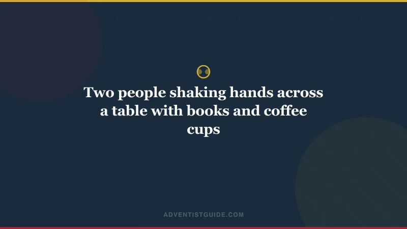 Two people shaking hands across a table with books and coffee cups
