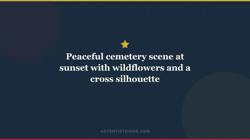 Peaceful cemetery scene at sunset with wildflowers and a cross silhouette