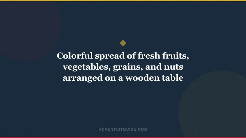 Colorful spread of fresh fruits, vegetables, grains, and nuts arranged on a wooden table