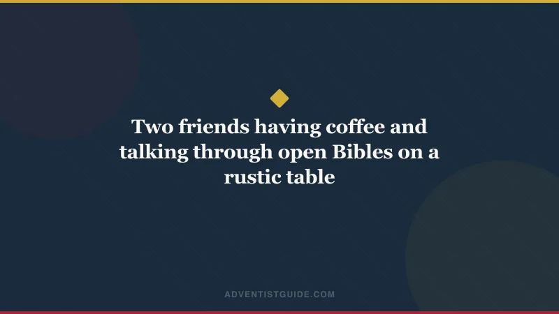 Two friends having coffee and talking through open Bibles on a rustic table