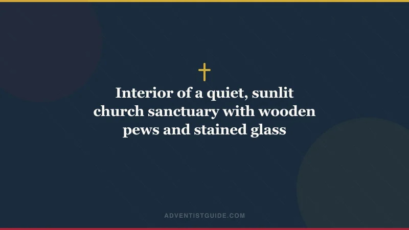 Interior of a quiet, sunlit church sanctuary with wooden pews and stained glass