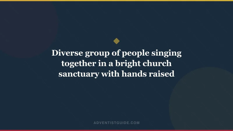 Diverse group of people singing together in a bright church sanctuary with hands raised