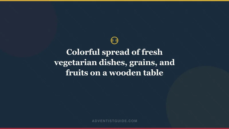 Colorful spread of fresh vegetarian dishes, grains, and fruits on a wooden table