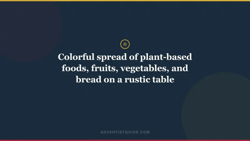 Colorful spread of plant-based foods, fruits, vegetables, and bread on a rustic table
