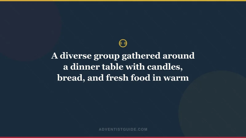 A diverse group gathered around a dinner table with candles, bread, and fresh food in warm light