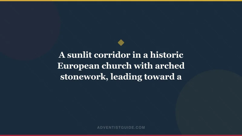 A sunlit corridor in a historic European church with arched stonework, leading toward a bright open doorway