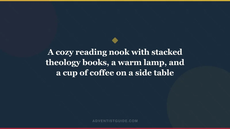 A cozy reading nook with stacked theology books, a warm lamp, and a cup of coffee on a side table