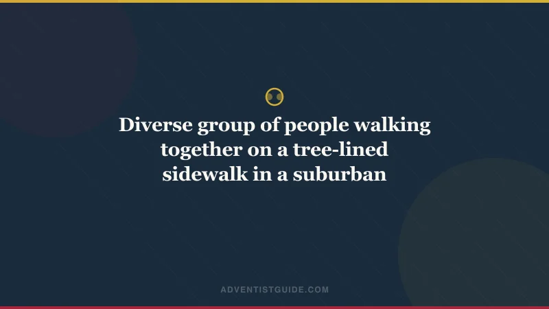 Diverse group of people walking together on a tree-lined sidewalk in a suburban neighborhood