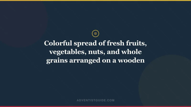 Colorful spread of fresh fruits, vegetables, nuts, and whole grains arranged on a wooden cutting board