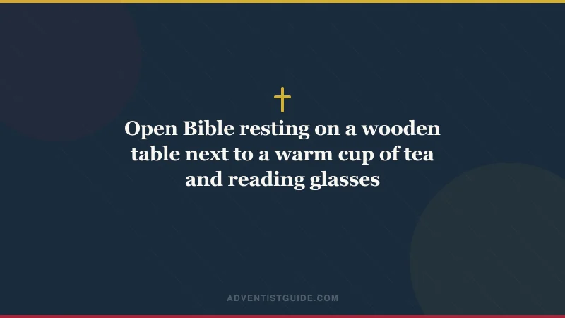 Open Bible resting on a wooden table next to a warm cup of tea and reading glasses