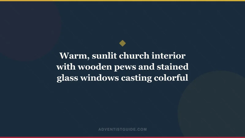 Warm, sunlit church interior with wooden pews and stained glass windows casting colorful light