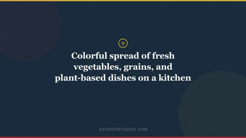 Colorful spread of fresh vegetables, grains, and plant-based dishes on a kitchen counter