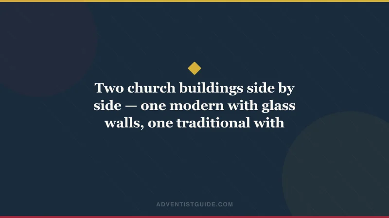Two church buildings side by side — one modern with glass walls, one traditional with stained glass