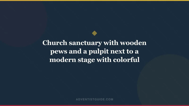 Church sanctuary with wooden pews and a pulpit next to a modern stage with colorful lights