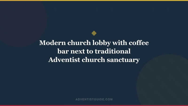 Modern church lobby with coffee bar next to traditional Adventist church sanctuary