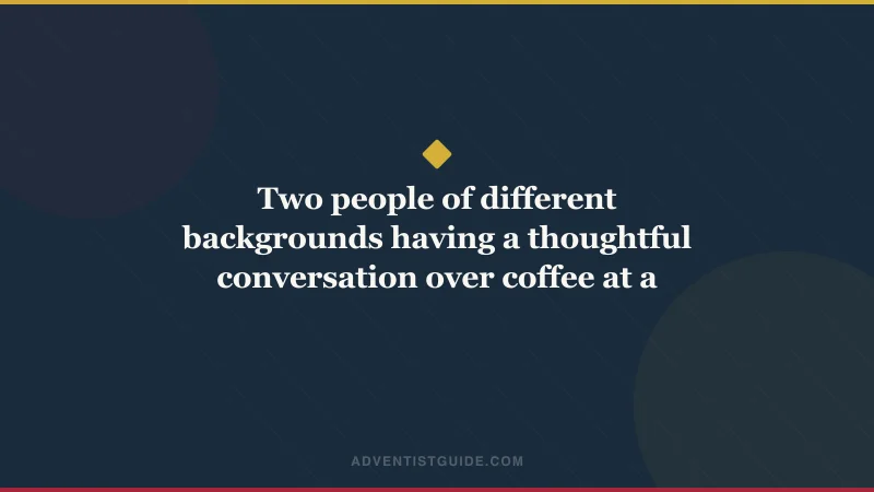 Two people of different backgrounds having a thoughtful conversation over coffee at a small cafe table, warm lighting, books open between them