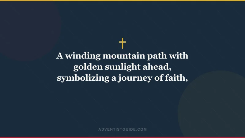 A winding mountain path with golden sunlight ahead, symbolizing a journey of faith, lush greenery on both sides