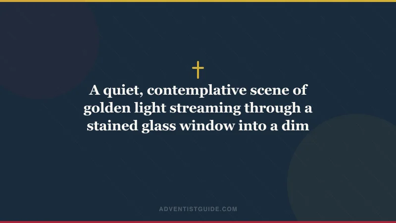 A quiet, contemplative scene of golden light streaming through a stained glass window into a dim room with an open Bible on a wooden stand