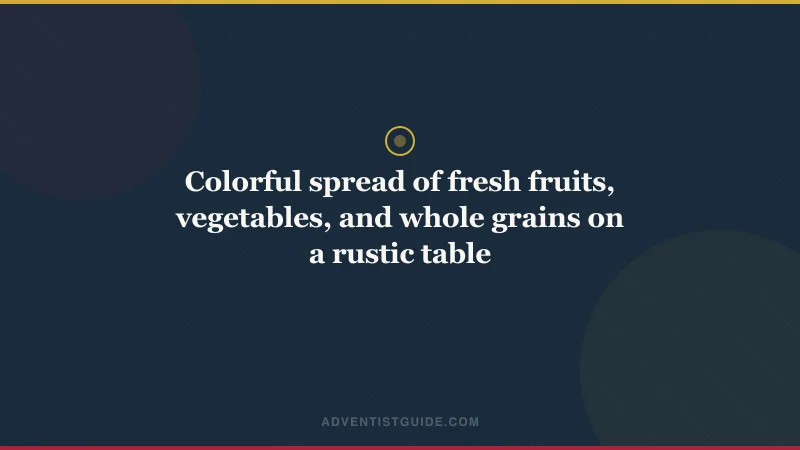 Colorful spread of fresh fruits, vegetables, and whole grains on a rustic table