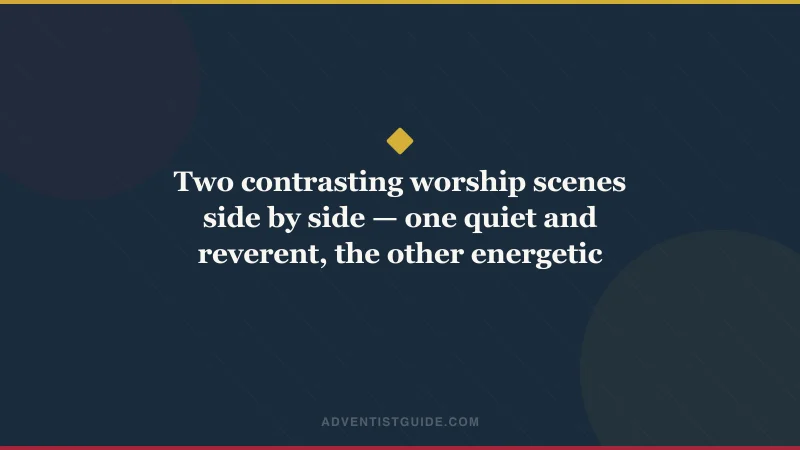 Two contrasting worship scenes side by side — one quiet and reverent, the other energetic and expressive