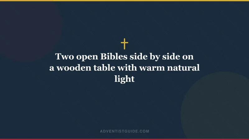 Two open Bibles side by side on a wooden table with warm natural light