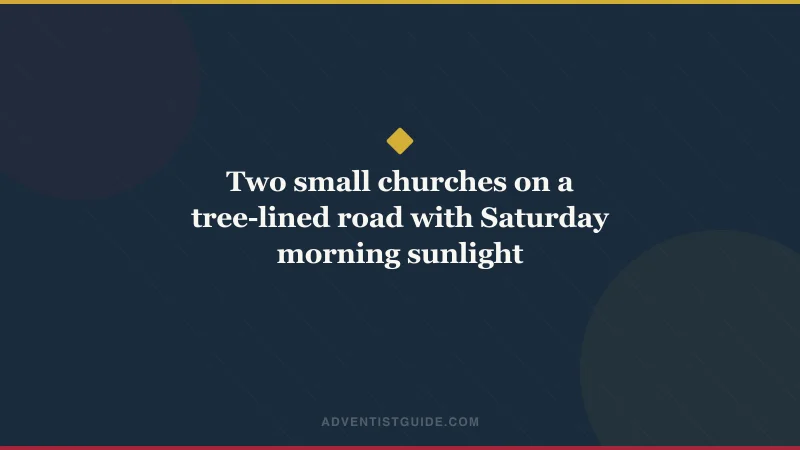 Two small churches on a tree-lined road with Saturday morning sunlight
