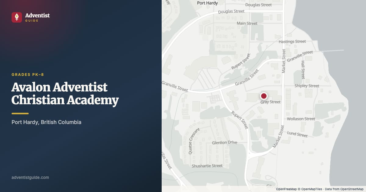 Map showing Avalon Adventist Christian Academy in Port Hardy, British Columbia
