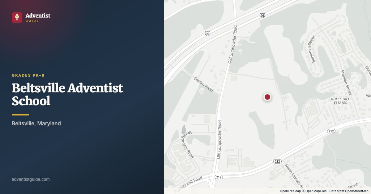 Map showing Beltsville Adventist School in Beltsville, Maryland
