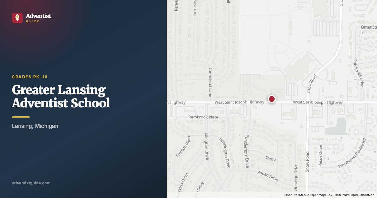 Map showing Greater Lansing Adventist School in Lansing, Michigan