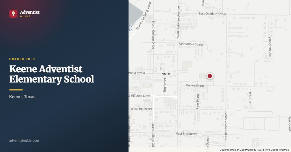 Map showing Keene Adventist Elementary School in Keene, Texas