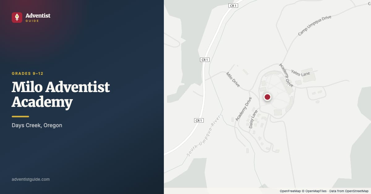 Map showing Milo Adventist Academy in Days Creek, Oregon