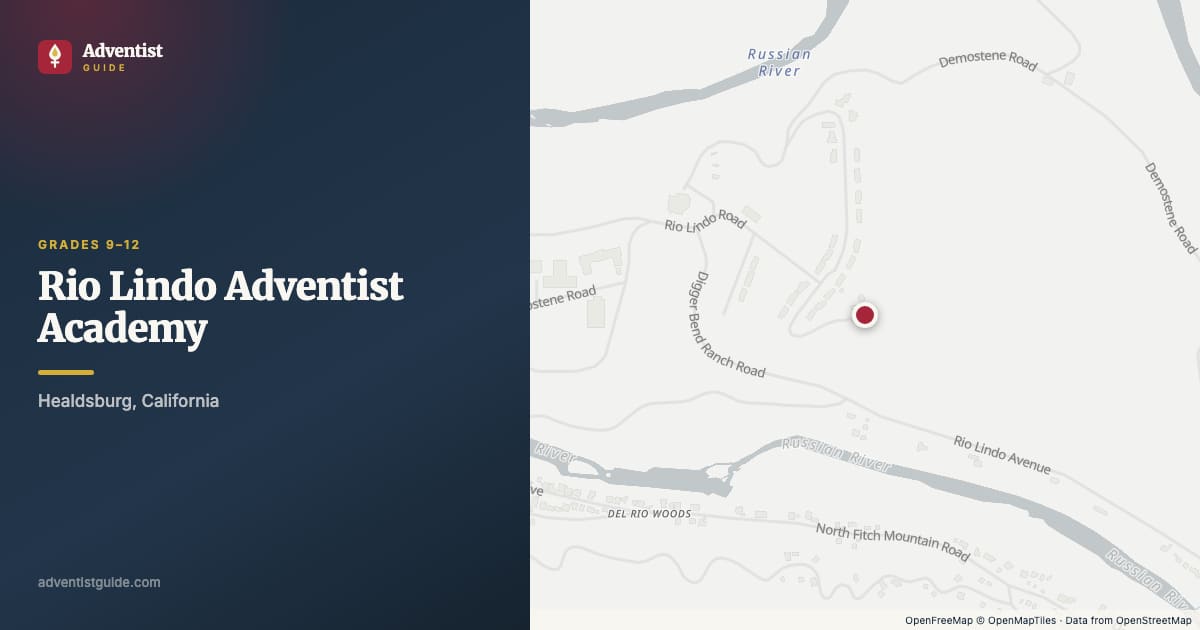 Map showing Rio Lindo Adventist Academy in Healdsburg, California