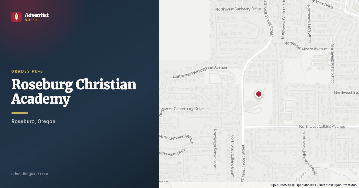 Map showing Roseburg Christian Academy in Roseburg, Oregon