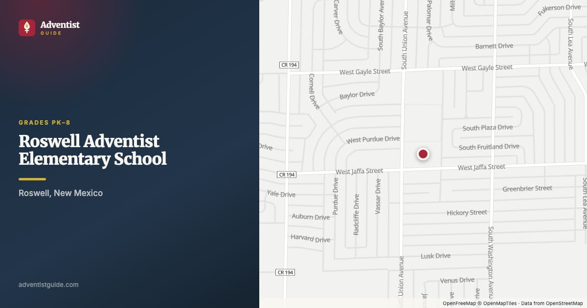 Map showing Roswell Adventist Elementary School in Roswell, New Mexico