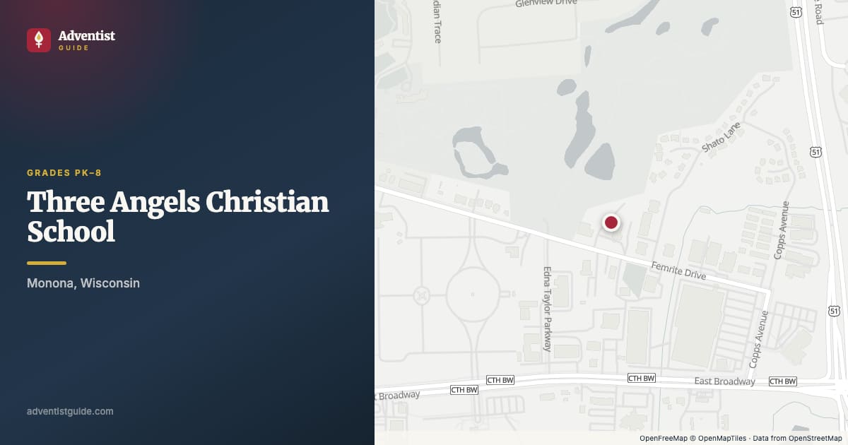 Map showing Three Angels Christian School in Monona, Wisconsin