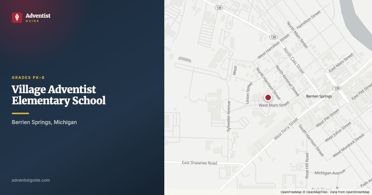 Map showing Village Adventist Elementary School in Berrien Springs, Michigan