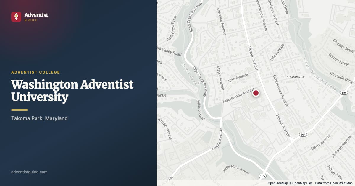 Map showing Washington Adventist University in Takoma Park, Maryland